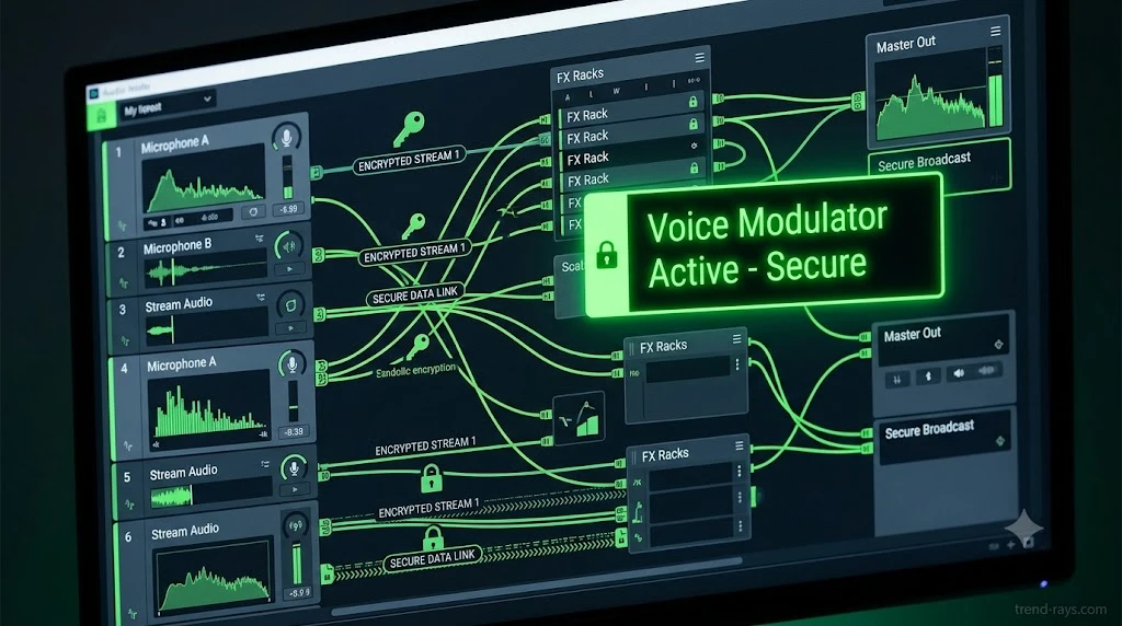 A digital interface dashboard showing compliance metrics, encryption keys, and legal status indicators for audio routing.