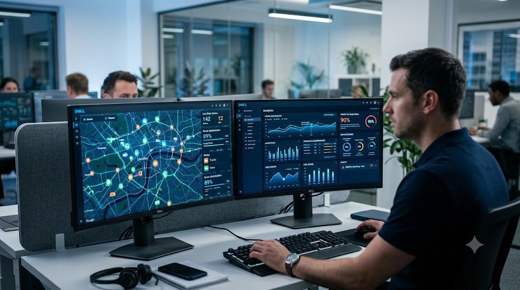 A cinematic, photorealistic shot of a modern fleet manager's command center. In focus are dual sleek computer monitors displaying high-tech dark-mode dashboards with digital maps, glowing data points, and AI telematics. The background is a softly blurred, modern office environment. The lighting is clean and tech-forward, with subtle cool blue and crisp white tones.