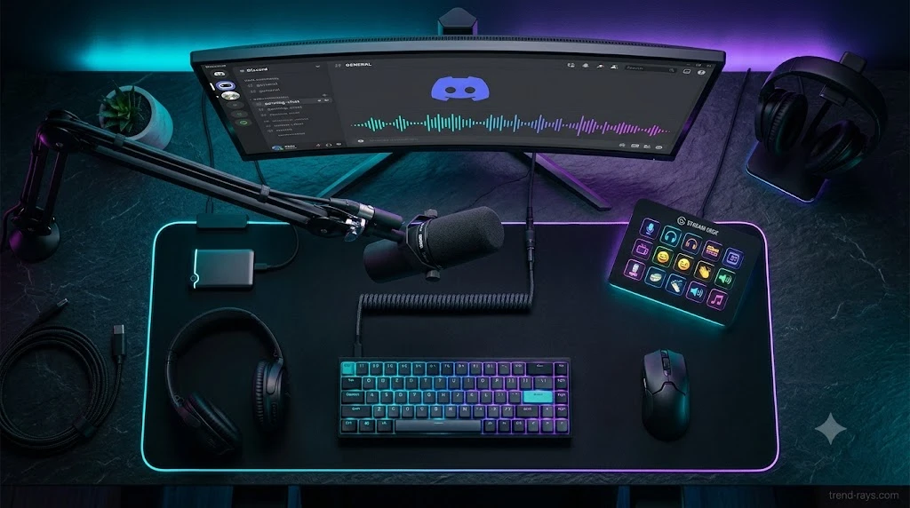 A dual-monitor PC gaming setup displaying an audio equalizer and soundboard interface on a dark desk.