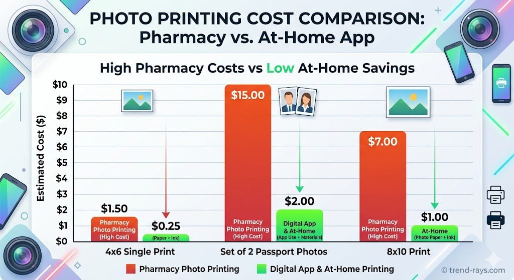 A pricing comparison bar chart showing the high cost of pharmacy photos versus the low cost of using a digital app and printing at home.