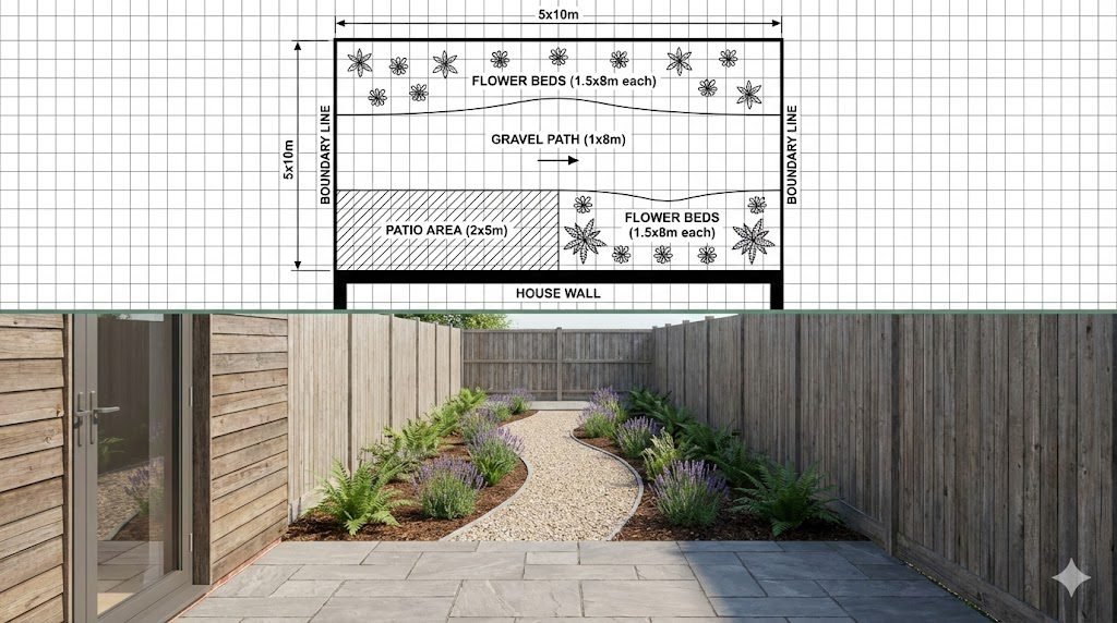 The top half is a precise 2D architectural top-down blueprint grid of a long, narrow 5x10 meter garden, showing marked boundaries, a house wall at the bottom, a rectangular patio area, a central path, and two long flower beds. The bottom half is a photorealistic 3D render perspective view looking down the length of that exact garden layout, showing grey sandstone paving slabs, a gravel path, and young, climate-appropriate plants like lavender and ferns in the beds, enclosed by tall wooden fences under soft daylight.
