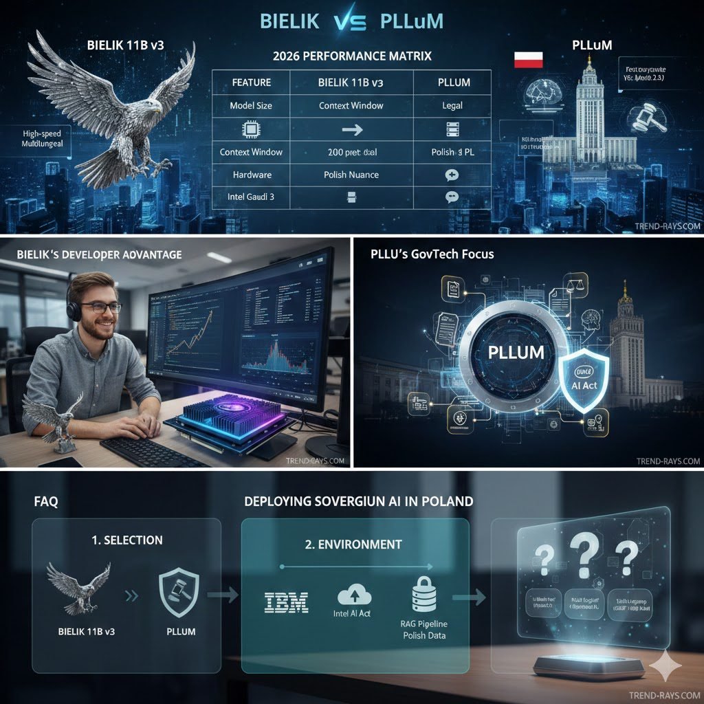 Bielik 11B v3 vs PLLuM AI 2026 performance comparison matrix for Polish language models, showing developer specs, GovTech compliance, and Intel Gaudi 3 hardware optimization roadmap