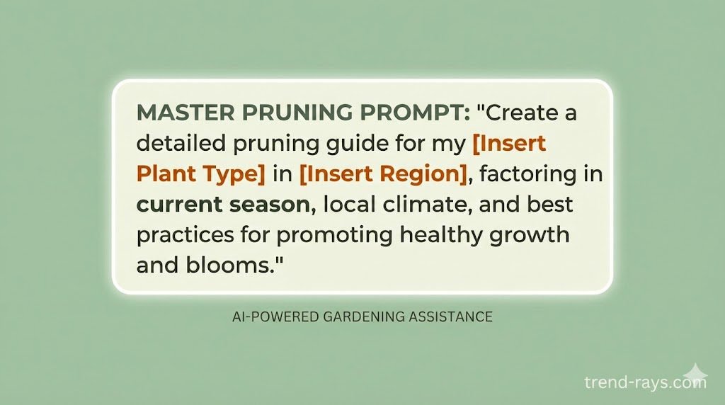 A clean, modern infographic graphic. The background is a soft sage green. In the center is a stylized digital text bubble that contains the text of a "Master Pruning Prompt" for AI. Key phrasing like "[Insert Region]" and "[Insert Plant Type]" are highlighted in a bright, contrasting color like deep orange to show the user exactly where to fill in the blanks. The overall style is flat, corporate, and highly readable.