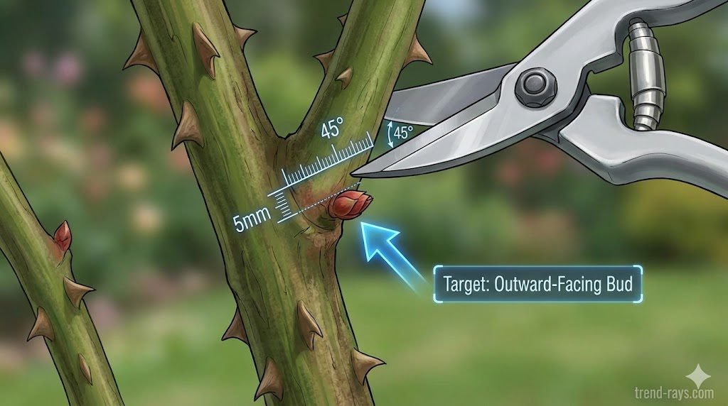 A close-up, educational illustration showing a thick, woody green stem of a rose bush. A pair of silver pruning shears is positioned to make a 45-degree angled cut exactly 5 millimeters above a small, reddish, outward-facing bud. An overlaid, glowing digital arrow points to the bud, with a small digital label reading "Target: Outward-Facing Bud." The image blends realistic botanical illustration with modern digital UI elements.