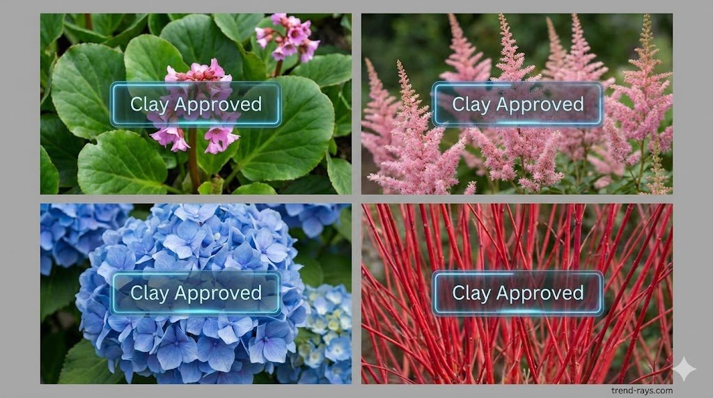 AI Plant Selection for Flooded and Heavy Clay UK Gardens 3 A beautifully arranged botanical grid photo showing four close-up shots of plants: Bergenia, Astilbe, Hydrangea, and Dogwood winter stems. Each panel has a sleek, modern digital label hovering over it indicating it is "Clay Approved."
