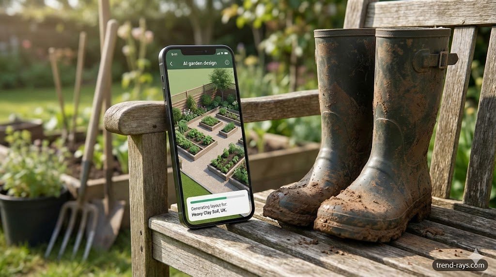 AI Plant Selection for Flooded and Heavy Clay UK Gardens 2 A lifestyle shot of a modern smartphone resting on a wooden garden bench next to muddy gardening boots. The phone screen displays an AI garden design app. The app shows a 3D garden layout with a text box at the bottom that reads: "Generating layout for: Heavy Clay Soil, UK."