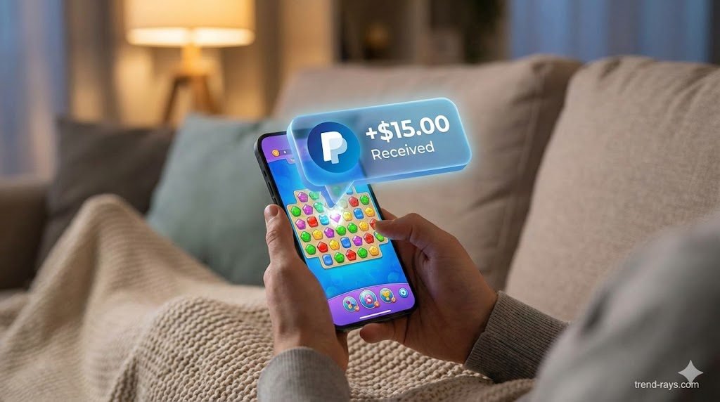 You said A photorealistic, high-quality close-up of a person sitting on a comfortable couch, holding a modern smartphone. On the smartphone screen, a vibrant casual mobile game is visible. Hovering slightly above the phone screen is a glowing, translucent 3D notification bubble showing the official blue PayPal logo and the text "+$15.00 Received." The background is a slightly blurred, cozy living room.