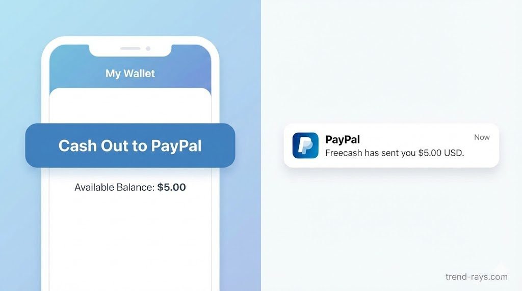 5 Legit Game Apps That Pay Instantly to PayPal in 2026 2 A flat, modern UI graphic showing a split screen. The left side shows a stylized mobile app interface with a button that says "Cash Out to PayPal." The right side shows an email notification on a phone lock screen that reads: "PayPal: Freecash has sent you $5.00 USD." Use a clean, trustworthy blue and white color palette.