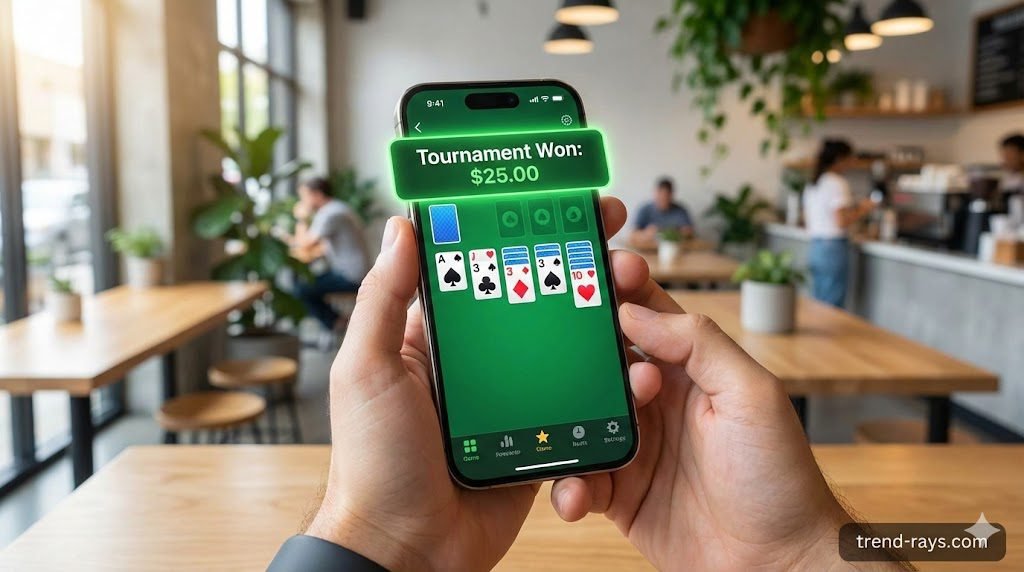 A high-quality, photorealistic image of a person holding an iPhone 15 Pro. The screen displays a bright, modern Solitaire game interface with a glowing green banner at the top that reads "Tournament Won: $25.00." The background is a clean, modern coffee shop setting, slightly blurred.