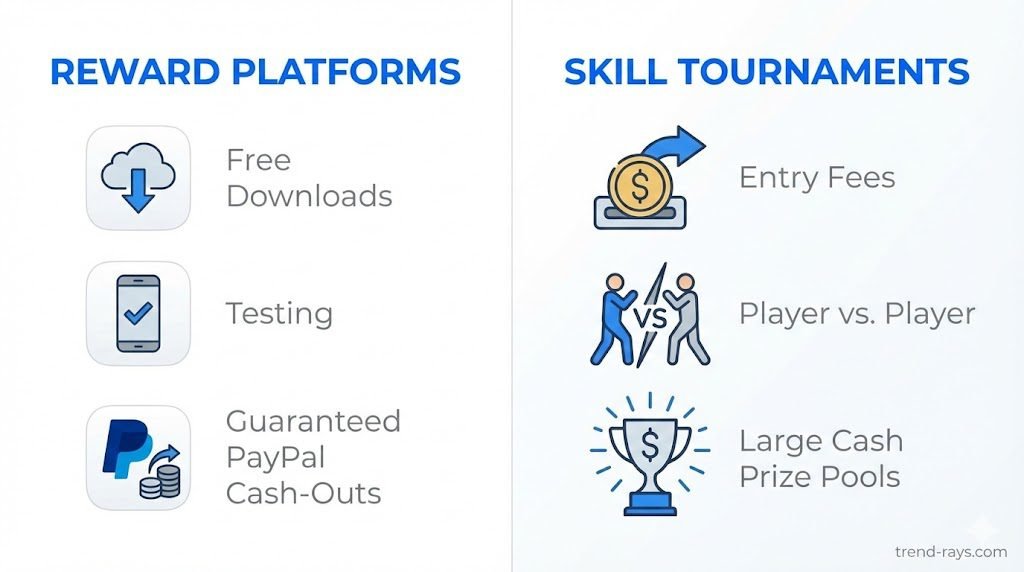 A clean, modern infographic split into two columns. The left column is titled "Reward Platforms" and shows icons for free downloads, testing, and guaranteed PayPal cash-outs. The right column is titled "Skill Tournaments" and shows icons for entry fees, player vs. player competition, and large cash prize pools. Use a sleek iOS-inspired color palette (whites, light grays, and electric blues).