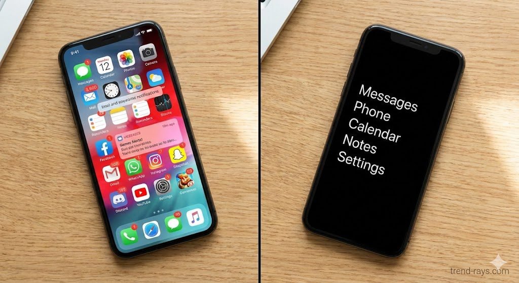 A split-screen lifestyle photograph. On the left side, a chaotic, brightly colored smartphone screen overflowing with notification bubbles and app icons, causing visual stress. On the right side, a sleek, calming smartphone screen displaying a purely text-based minimalist menu on a solid black background. The phones are resting on a clean wooden desk.