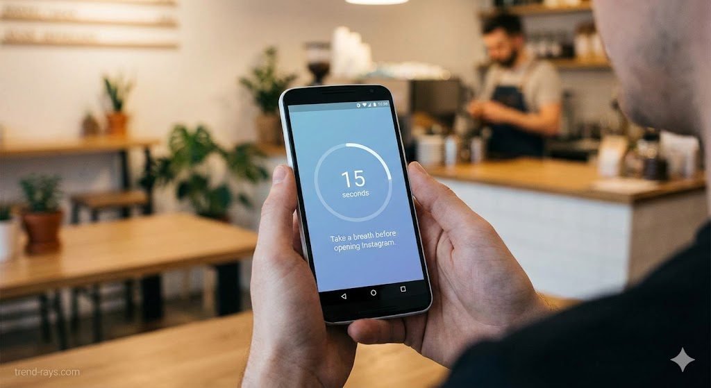 Top 3 Android Launchers to Turn Your Smartphone into a 2026 "Dumb Phone" 2 A close-up, over-the-shoulder shot of a person holding an Android phone. The screen shows a clean, modern UI with a digital timer counting down "15 seconds" with text that reads "Take a breath before opening Instagram." The background is a slightly blurred, cozy coffee shop.