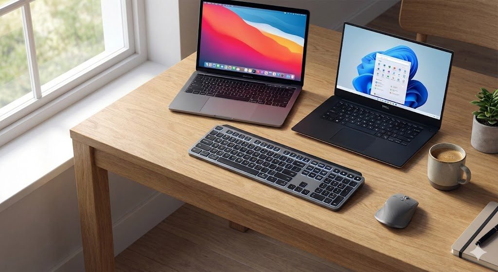 A lifestyle desk setup photograph showing a Satechi EX1 slim wireless keyboard centered on a light oak desk. To the left of the keyboard is an open MacBook Pro with a macOS desktop background. To the right of the keyboard is an open Windows laptop with a Windows 11 desktop background. A minimalist mouse and a cup of coffee are also on the desk. The keyboard's function keys are subtly glowing. The lighting is natural daylight from a side window.