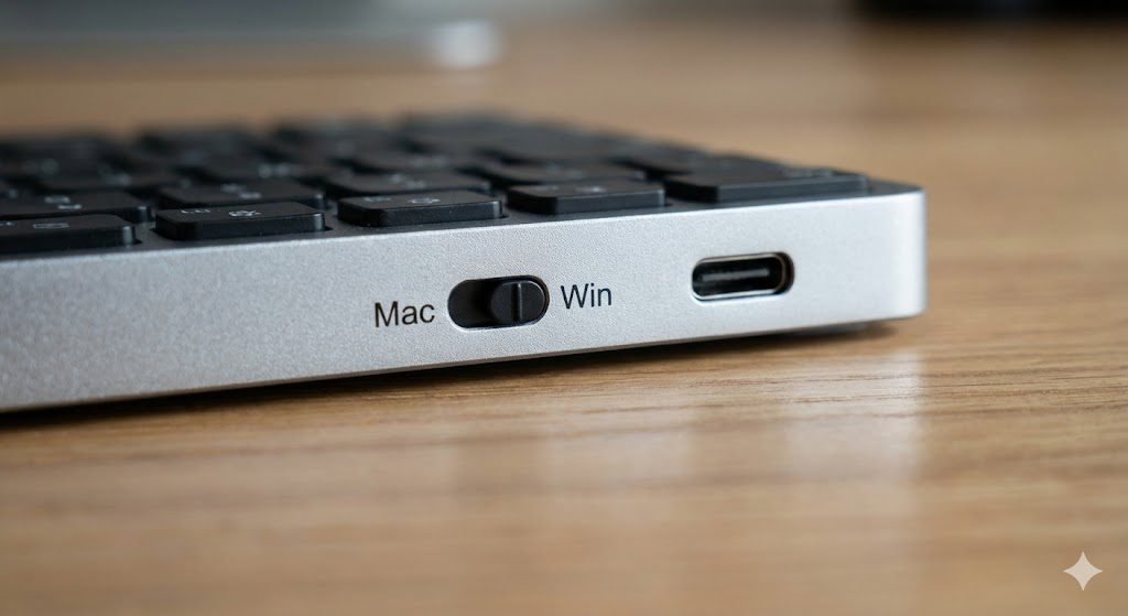 A close-up, macro photograph of the back edge of a silver Satechi EX1 wireless keyboard. The focus is sharp on a small physical sliding switch labeled with two positions: "Mac" and "Win". The switch is currently set to the "Win" position. A USB-C charging port is visible next to it. The background is a gently blurred, textured desk surface.