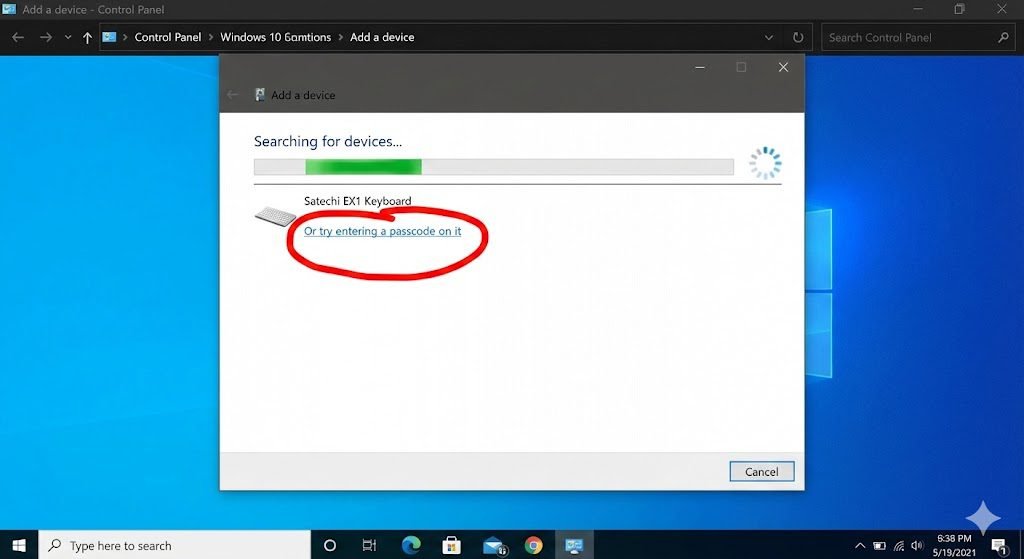 A screenshot of the Windows 10 or 11 legacy Control Panel interface. The window titled "Add a device" is open, showing a searching animation. A device named "Satechi EX1 Keyboard" is listed. Below the device name, a small blue hyperlink text that reads "Or try entering a passcode on it" is brightly highlighted with a red circle drawn around it.