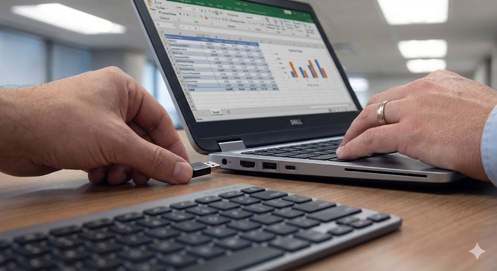 A close-up shot of a person's hand plugging a small, black Satechi USB-C wireless receiver dongle into the side port of a business-style Windows laptop. The laptop lid is partially open, showing a blurred spreadsheet on the screen. The Satechi EX1 keyboard is visible in the foreground, out of focus. The lighting is professional office overhead lighting.