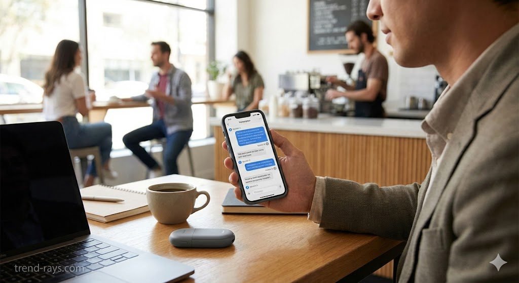 An over-the-shoulder lifestyle shot. A professional is sitting at a coffee shop table. On the table sits the pill-shaped Plaud NotePin S voice recorder. The person is holding a smartphone, and the screen shows a modern transcription app interface with text bubbles labeled "Speaker A" and "Speaker B."