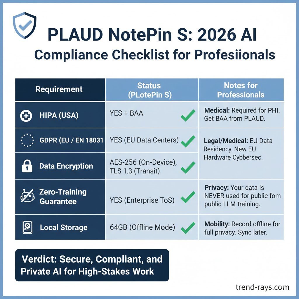 plaud-notepin-s-2026-compliance-security-checklist-trend-rays PLAUD NotePin S 2026 AI Compliance Checklist for professionals, showing HIPAA, GDPR, AES-256 encryption, and zero-training guarantee status for medical and legal AI note-taking
