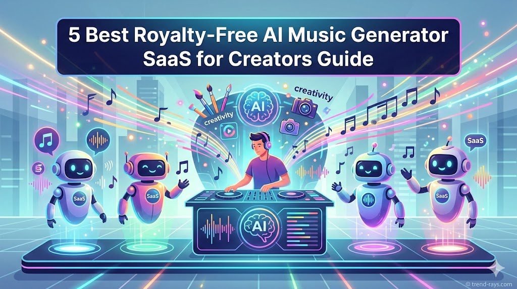 It features a stylized representation of five distinct SaaS "heroes" standing on a glowing digital platform, interacting with a central interface. The creator, wearing headphones, controls the AI to generate an endless stream of musical notes and colorful light trails that spread out across the composition. It is vibrant, high-energy, and professional, setting the perfect tone for your tech-focused guide.