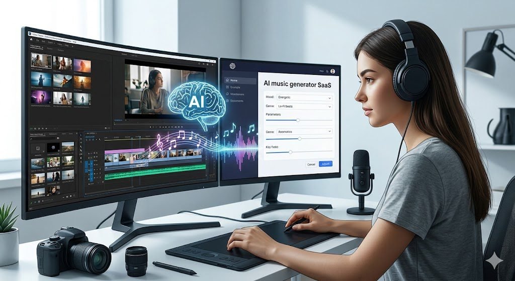 5 Best Royalty-Free AI Music Generator SaaS for Creators Guide 2 It shows a creator in a light-filled studio working on a modern curved monitor. On the primary screen, a complex video editing timeline is active. On a secondary screen, the clean interface of an AI music generation SaaS shows specific parameters like 'Mood: Energetic' and 'Genre: Lo-Fi beats' being tweaked. A stylized AI brain graphic is outputting waveforms directly into the video's audio track.