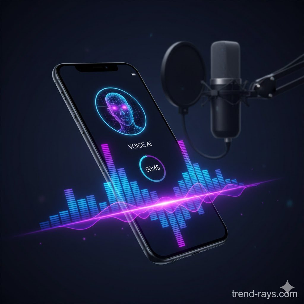 Cómo Cambiar la Voz en WhatsApp (iPhone y Android): Guía Técnica y Legal 2026 1 A high-quality, modern digital illustration of a sleek smartphone displaying an active voice call interface. Vibrant, glowing audio equalizer waves in neon blue and purple are projecting out of the phone's microphone area, symbolizing AI voice modulation and real-time audio changing. A futuristic, professional studio microphone is blurred slightly in the background. The overall aesthetic is dark, clean, and tech-focused. Include a clear, professional watermark reading "trend-rays.com" in the bottom right corner.