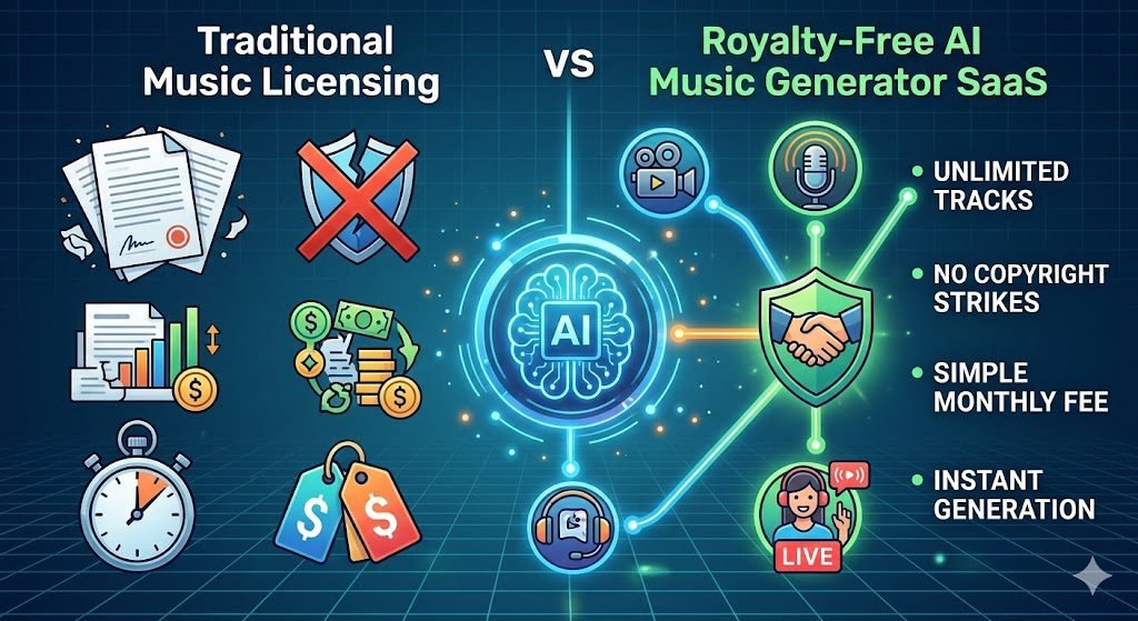 5 Best Royalty-Free AI Music Generator SaaS for Creators Guide 3 This infographic provides a clear visual breakdown of the benefits of your 5 best SaaS options. It features two columns. The left column, 'Traditional Licensing,' shows red copyright strike symbols, expensive price tags, and messy paperwork. The right column, 'Royalty-Free AI SaaS,' shows a smooth central AI brain interface connected to five diverse creator icons (video, podcast, gaming, etc.) and lists key benefits: UNLIMITED TRACKS, NO COPYRIGHT STRIKES, SIMPLE MONTHLY FEE, INSTANT GENERATION.