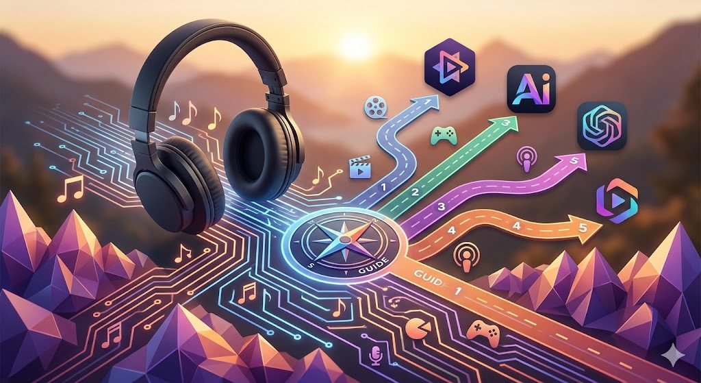 5 Best Royalty-Free AI Music Generator SaaS for Creators Guide 4 This image serves as a conceptual visual summary or a call-to-action for readers to "explore" the options. A pair of studio headphones rests on a stylized roadmap made of glowing digital circuits and intertwined musical notes. Five distinct colored pathways spread out from a central compass labeled 'GUIDE,' with numbers 1 through 5 leading toward diverse SaaS icons. The pathways cross a stylized mountain range made of faceted geometric crystals, echoing your travel blog's aesthetic. Small icons like a film reel and a microphone are on the roadmap, illustrating the varied content types.
