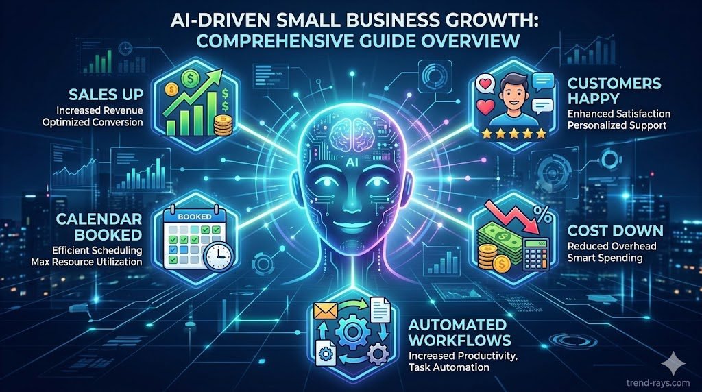 A comprehensive overview combining a central, friendly AI chatbot head silhouette with five distinct connected icons representing key small business growth metrics: sales up, customers happy, calendar booked, cost down, and automated workflows. It sets the modern, high-tech tone for the entire guide.