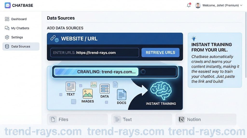 6 Best Custom AI Chatbots for Small Business: Real Costs & ROI 3 A clean, illustrative screenshot-style visual focusing on the 'URL' data source in the Chatbase dashboard, with a stylized progress bar showing the prompt "CRAWLING: trend-rays.com..." and abstract webpage icons being ingested by a brain icon, representing the instant training feature that sets it apart for ease of use. create image in 16:9 with trend-rays.com watermak