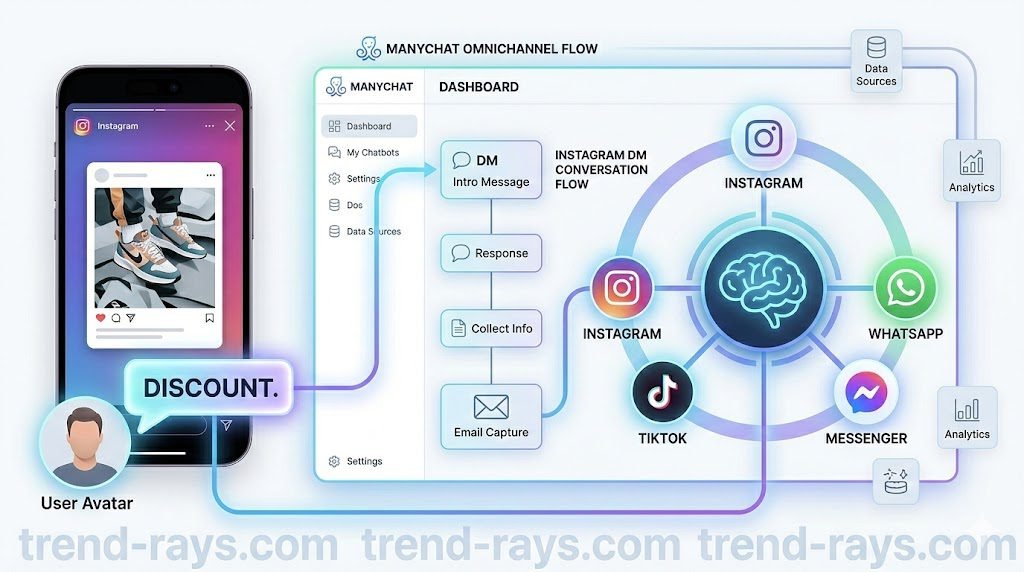 6 Best Custom AI Chatbots for Small Business: Real Costs & ROI 6 A multi-device visual. On a smartphone screen, an Instagram story is shown, and a stylized user replies with 'DISCOUNT.' A glowing line connects to a stylized ManyChat dashboard interface labeled "MANYCHAT OMNICHANNEL FLOW," illustrating a multi-step conversation flow in Instagram DMs, ending with an email capture icon. A circular diagram shows icons for Instagram, WhatsApp, Messenger, and TikTok, all connected by glowing lines to a central AI chatbot hub.