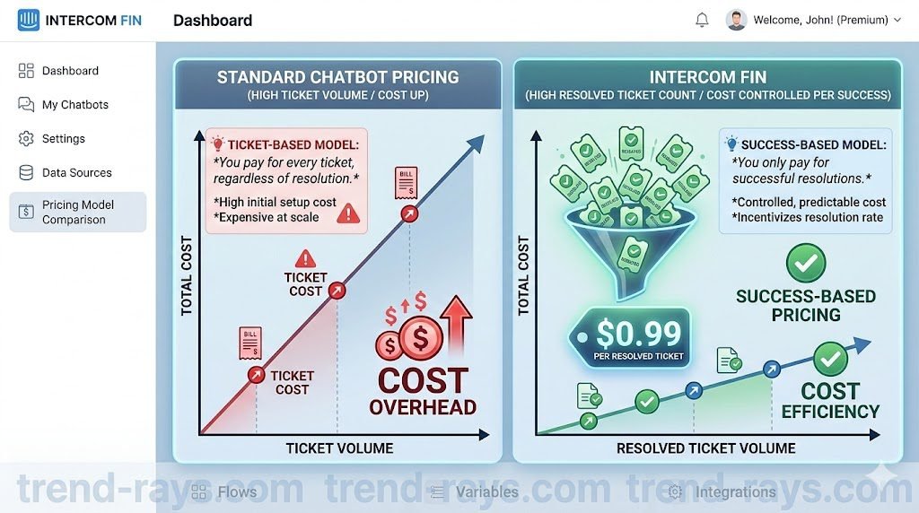 6 Best Custom AI Chatbots for Small Business: Real Costs & ROI 7 A balanced comparison that also shows value, focusing on the resolution metric while maintaining visual cohesion. On one side, a graph comparing 'Standard Chatbot Pricing' (High Ticket Volume/Cost Up). On the other side, Intercom Fin (High Resolved Ticket Count/Cost Controlled per success), with successful resolutions funneling into a "$0.99" price tag visual. This makes the article's core Intercom pricing warning visual and authoritative.