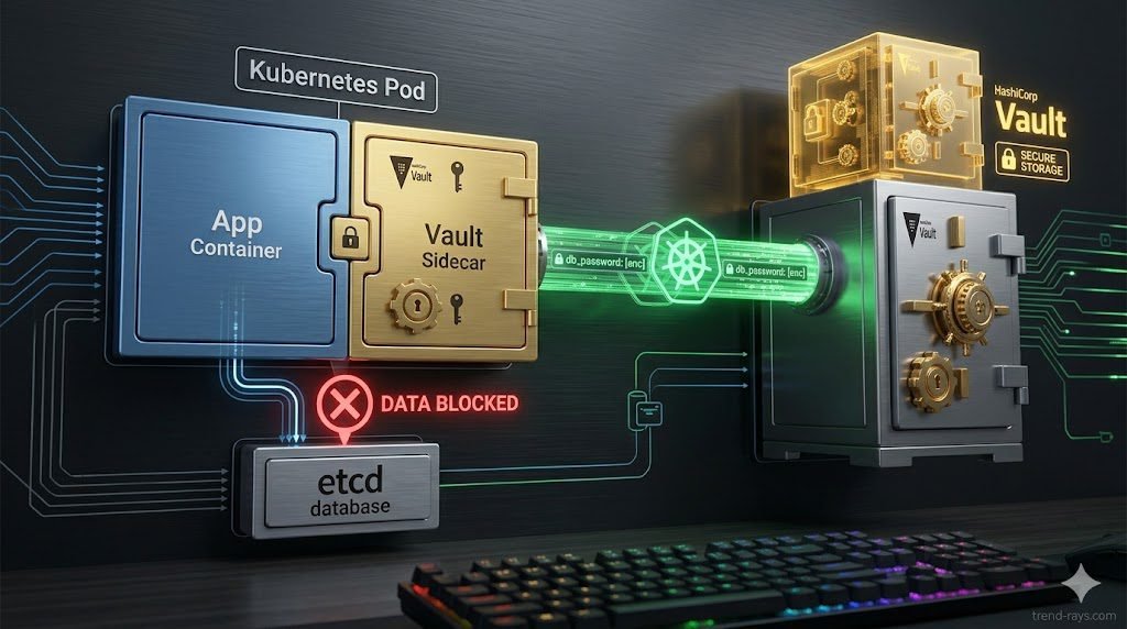 A clean, photorealistic 16:9 3D conceptual diagram of cloud infrastructure. On the left, a "Kubernetes Pod" block is split into two halves: "App Container" and "Vault Sidecar." The sidecar securely communicates via a glowing green encrypted tunnel to a highly secure "HashiCorp Vault" server block on the right. Below the pod, a red warning symbol blocks data from entering the native "etcd database." Corporate high-tech aesthetic.