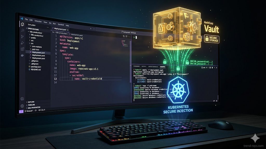 A highly photorealistic, 16:9 cinematic image of a dark-mode IDE and terminal screen showing Kubernetes deployment code. A glowing, golden holographic 3D vault (representing HashiCorp) hovers above the screen, projecting a secure, encrypted green data stream down into a blue Kubernetes steering wheel logo. Deep, professional developer lighting (neon blues and greens). 