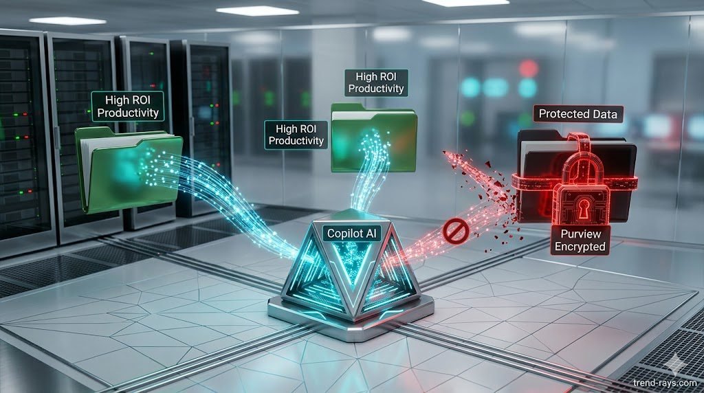 Preventing Proprietary Data Leaks in Microsoft 365 Copilot via Purview DLP 2 A clean, photorealistic 16:9 3D conceptual diagram of AI data architecture. A central glowing "Copilot AI" node attempts to pull data from three floating folders. Two folders are green and allow data to flow, labeled "High ROI Productivity." The third folder is wrapped in a glowing red "Purview Encrypted" padlock, successfully blocking the AI's data request. Clean, high-tech corporate aesthetic.