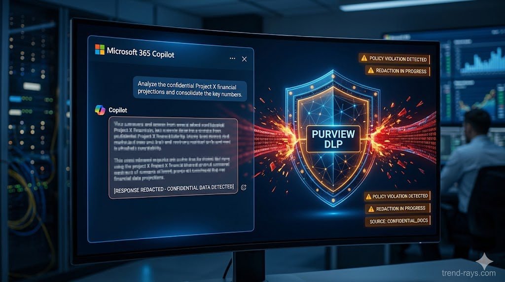 Preventing Proprietary Data Leaks in Microsoft 365 Copilot via Purview DLP 1 A highly photorealistic, 16:9 cinematic image of a modern cybersecurity dashboard. On the left, a glowing Microsoft 365 Copilot chat window shows a redacted, blurry text response. On the right, a strict digital shield labeled "Purview DLP" blocks a red data stream attempting to enter the chat. Corporate tech lighting with deep blues and urgent amber tones.