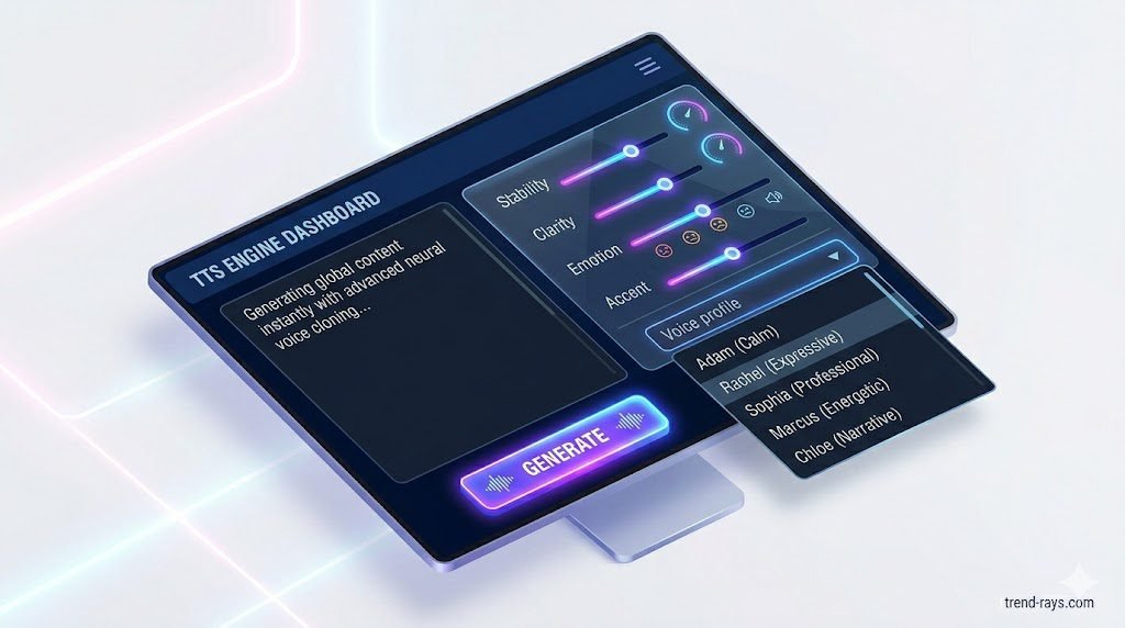 Audio Scams vs. Pranks: How Cybersecurity SaaS is Fighting Back 3 A stylized, isometric mockup of a professional AI voice generation SaaS dashboard interface. A clean monitor screen is tilted. The main text box displays example text like "Generating global content instantly..." to the left. To the right, clear graphical sliders and circular gauges control parameters clearly labeled as "Stability," "Clarity," "Emotion," and "Accent." A dropdown menu is open, showing voice names like "Adam (Calm)" and "Rachel (Expressive)." Below it, a large glowing "GENERATE" button. Clean UI aesthetic with neon purple and blue accents. A clean white background.