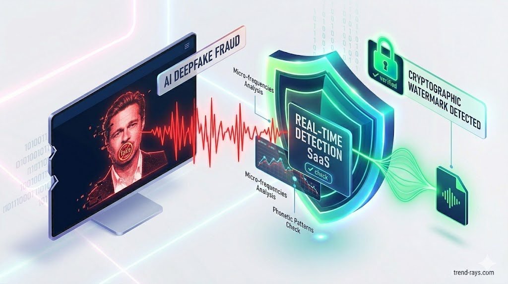 Audio Scams vs. Pranks: How Cybersecurity SaaS is Fighting Back 4 A dynamic isometric illustration showing the conflict between audio deepfakes and security. A screen on the left shows a stylized cloned celebrity face emitting jagged red sound waves, labeled "AI DEEPFAKE FRAUD." These waves are being intercepted mid-air by a glowing digital shield on the right, labeled "REAL-TIME DETECTION SaaS." The shield is analyzing micro-frequencies and phonetic patterns. Emerging from the safe side of the shield is verified audio, clearly labeled with a lock icon and text that reads "CRYPTOGRAPHIC WATERMARK DETECTED." Sleek cyber-security palette of neon green, blue, and red. Clean white background.