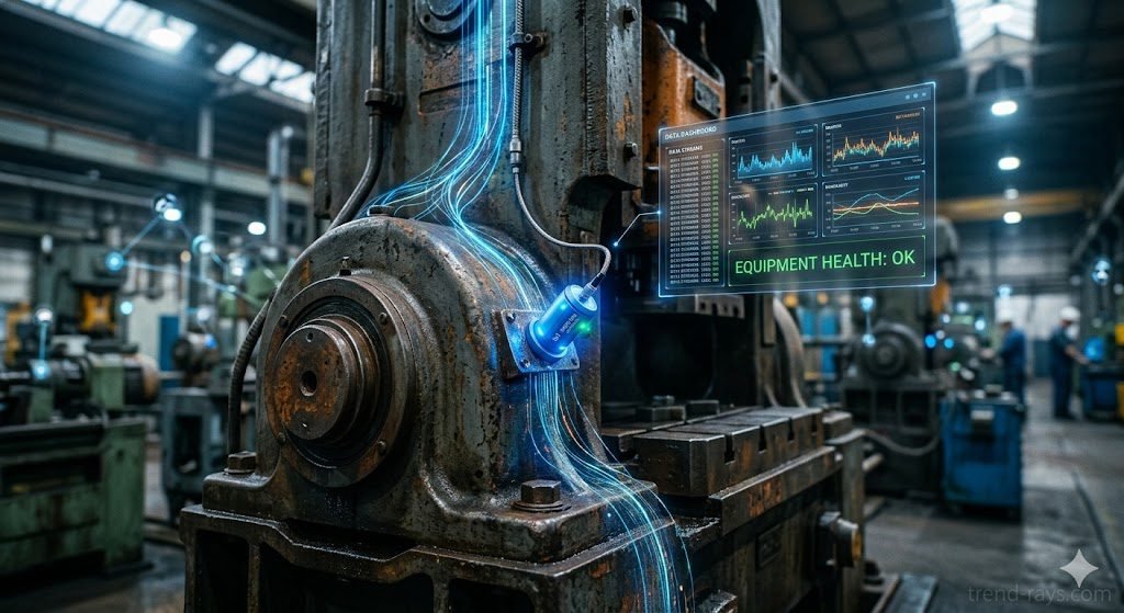 A cinematic, shallow depth-of-field photograph inside a slightly gritty, large-scale European factory. The image focuses on a massive, heavy, mid-20th-century industrial stamping press made of cast iron, showing realistic signs of wear and slight rust. Magnetically clamped onto the main bearing house of this old machine is a sleek, modern, glowing blue and silver IoT vibration sensor. From this sensor, abstract, glowing data lines (light trails) flow upward and across the surface of the old metal, merging into a translucent, futuristic holographic dashboard display hovering nearby. The dashboard clearly shows high-tech graphs and a green "EQUIPMENT HEALTH: OK" status. The background is a gently blurred, high-tech manufacturing environment with cool ambient lighting, emphasizing the contrast between the vintage machine and the new technology. Color palette: Deep mechanical grays, industrial warm oranges, and vibrant digital blues. Highly detailed, photorealistic, tech-noir aesthetic.
