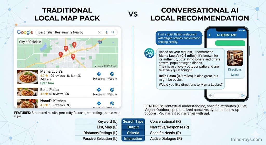 What is Generative Engine Optimization (GEO)? The 2026 Guide for Marketers 4 An infographic comparing a traditional local map pack to a conversational AI local recommendation response.