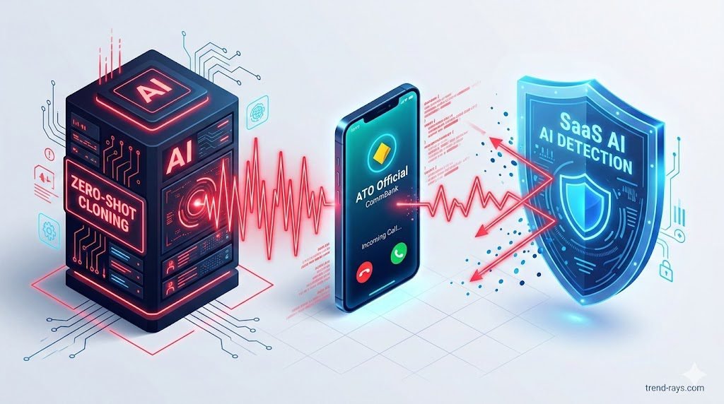 A sleek, futuristic 3D isometric illustration of a cyber-attack. On the left, a dark, glowing AI server labeled "ZERO-SHOT CLONING" is generating jagged red sound waves. These waves are targeting a modern smartphone in the center, which has an incoming call screen displaying "ATO Official" or "CommBank". On the right, a glowing blue digital shield labeled "SaaS AI DETECTION" is intercepting the red waves. Clean cyber-security palette of neon blue and red on a clean white background.