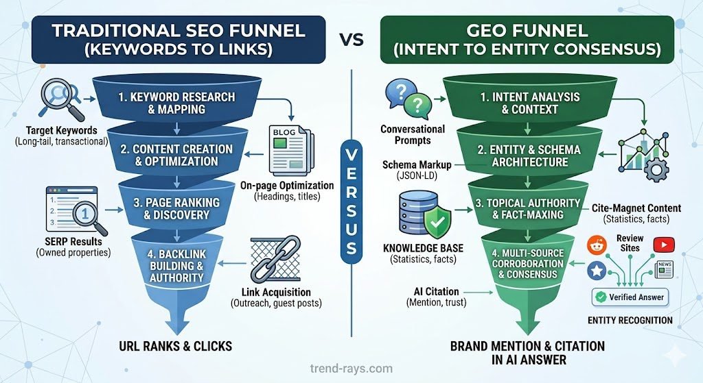 What is Generative Engine Optimization (GEO)? The 2026 Guide for Marketers 3 A side-by-side visual comparison showing a traditional SEO funnel (keywords to links) versus a GEO funnel (intent to entity consensus).
