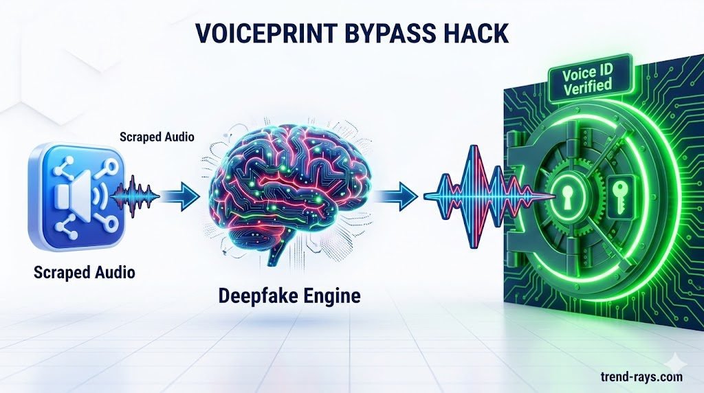 AI Voice Scams in Australia: How Deepfakes are Bypassing Bank Security in 2026 2 A clean, professional 3D infographic diagram illustrating the "Voiceprint Bypass" hack. The flow moves left to right. 1. A social media icon with a small audio wave labeled "Scraped Audio." 2. An arrow points to a glowing AI brain labeled "Deepfake Engine." 3. The AI brain shoots a highly structured, artificial sound wave into a digital bank vault door. 4. The vault door is glowing green, unlocking, with text reading "Voice ID Verified." Colors are dark blue, neon green, and red on a clean white background.