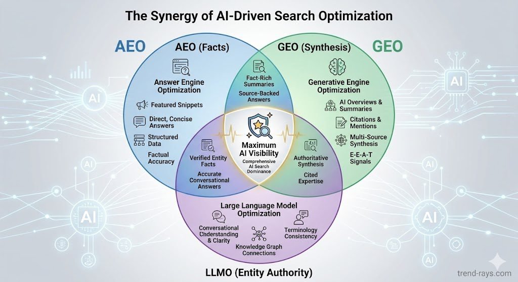 What is Generative Engine Optimization (GEO)? The 2026 Guide for Marketers 2 A Venn diagram showing the overlap of AEO (Facts), GEO (Synthesis), and LLMO (Entity Authority), with the sweet spot in the middle labeled "Maximum AI Visibility."