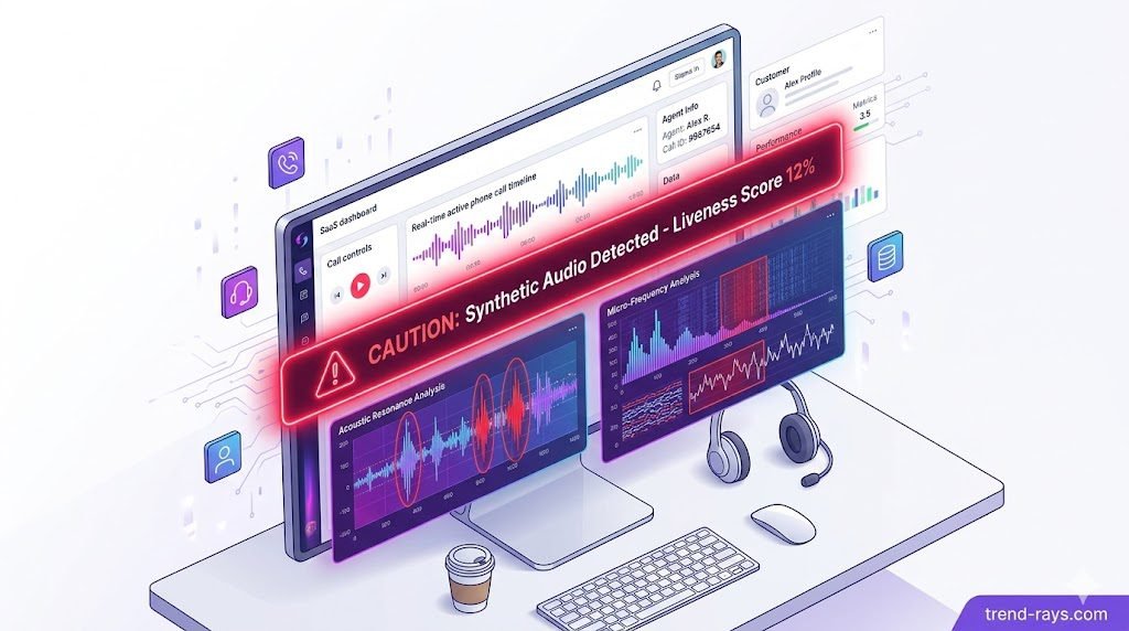 AI Voice Scams in Australia: How Deepfakes are Bypassing Bank Security in 2026 3 A stylized, isometric mockup of a modern call center agent's SaaS dashboard. The monitor screen is tilted. The main interface shows an active phone call timeline. A prominent, glowing red warning banner dominates the center, reading: "CAUTION: Synthetic Audio Detected - Liveness Score 12%". Below it are detailed graphs showing "Acoustic Resonance" and "Micro-Frequency Analysis" with red anomalies highlighted. Clean UI aesthetic with neon purple, red, and blue accents on a clean white background.