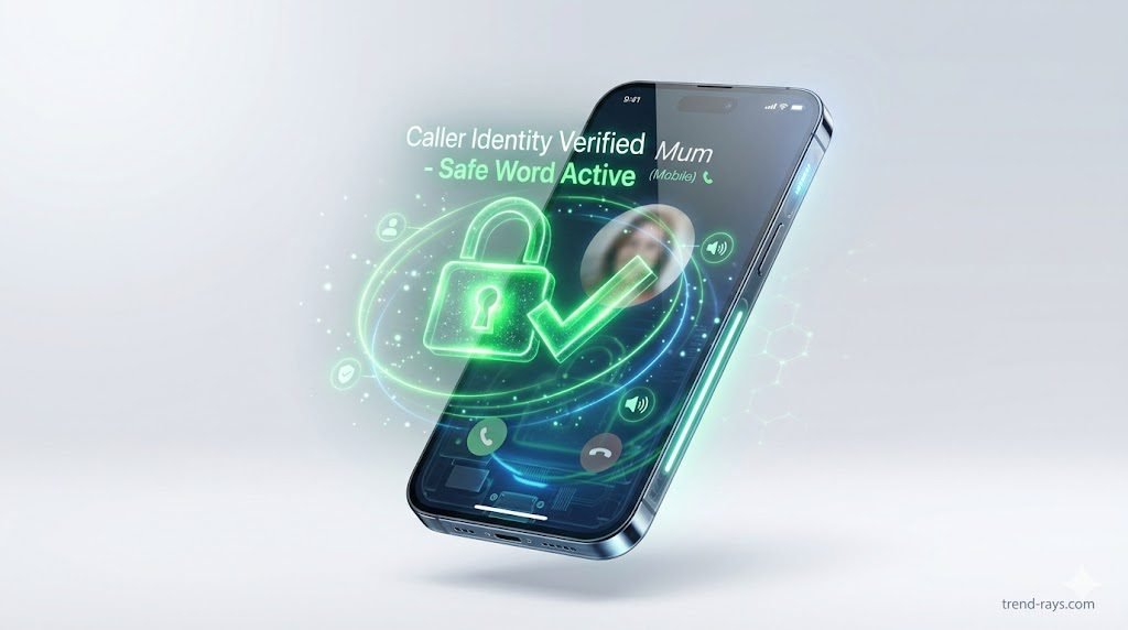 AI Voice Scams in Australia: How Deepfakes are Bypassing Bank Security in 2026 4 A modern 3D illustration showing consumer smartphone security. A sleek smartphone is floating, displaying an incoming call from "Mum (Mobile)". Hovering in front of the phone's screen is a glowing green holographic padlock and a checkmark, with text reading "Caller Identity Verified - Safe Word Active." Soft, reassuring neon green and blue lighting on a clean white background.