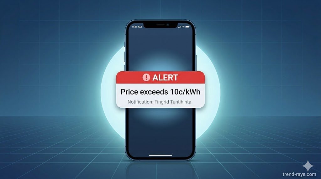 (Fingrid): An icon of a smartphone with a push notification ("Alert: Price exceeds 10c/kWh").