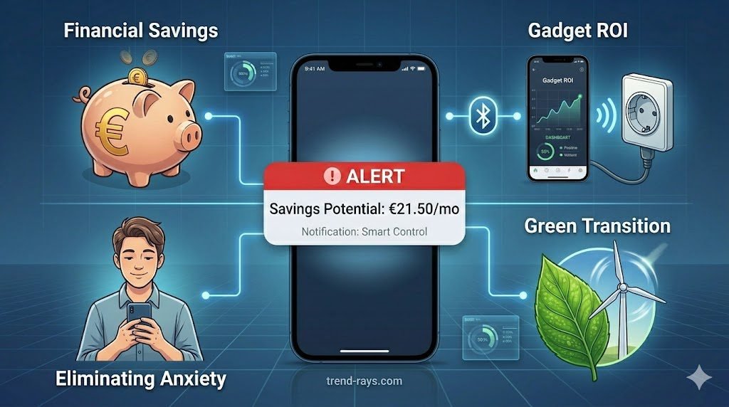 A piggy bank with a Euro symbol (Financial Savings). Top right: A smartphone connecting to a smart plug (Gadget ROI). Bottom left: A calm, smiling user looking at a phone (Eliminating Anxiety). Bottom right: A green leaf or wind turbine (Green Transition).