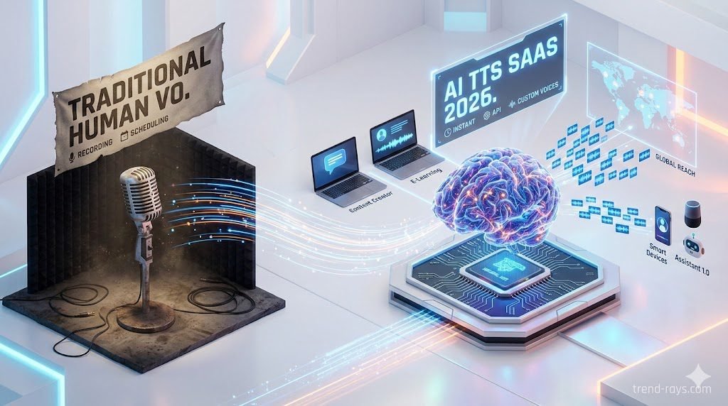 A sleek, futuristic isometric 3D illustration. On the left side, a stylized old-fashioned studio microphone stands in a dusty environment, labeled with large text as "TRADITIONAL HUMAN VO." on a floating banner. On the right side, connected by glowing blue and orange digital lines, is a glowing neural network brain processor, labeled as "AI TTS SAAS 2026." This brain is instantly generating digital sound wave files that spread out to icons representing laptops, global maps, and virtual assistants. The background is a clean white studio with subtle neon light reflections. Include the watermark "trend-rays.com" subtly in the bottom right corner.