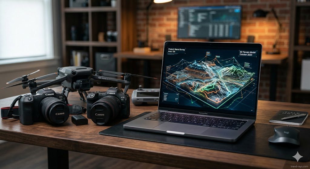 A commercial drone and a professional DSLR camera sitting on a desk next to a glowing 3D digital map on a laptop screen.