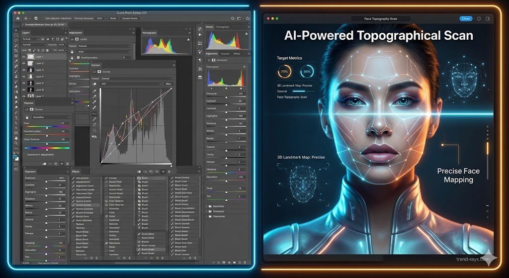 Split-screen showing a traditional photo editing software timeline versus an automated AI retouching dashboard.